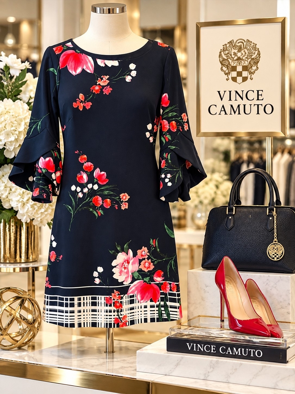 Vince Camuto Navy Floral Ruffle Sleeve Shift Dress